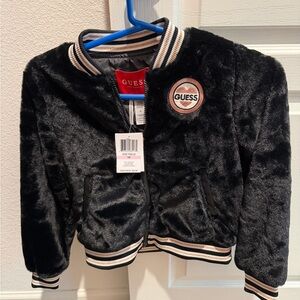 “New” GUESS Black Faux Fur Jacket with Logo Patch